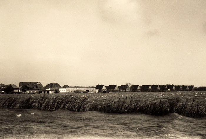 Blick vom Deich auf den &uuml;berfluteten Dorfgroden